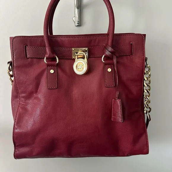 Classic Michael Kors Hamilton Leather Satchel, Size Large in Wine - Picture 1 of 11